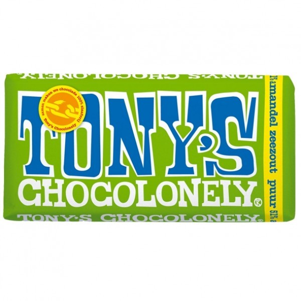 Tony's Chocolonely Puur-Amandel-Zeezout 180gr met logo