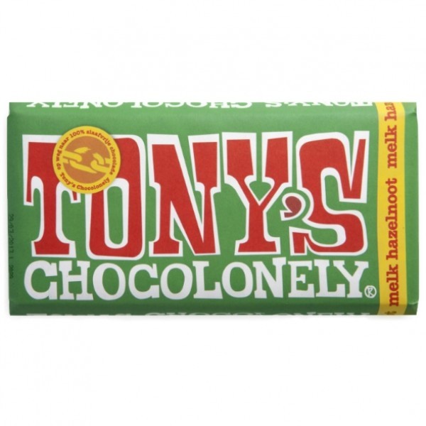 Tony's Chocolonely Melk-hazelnoot reep 180gr met opdruk