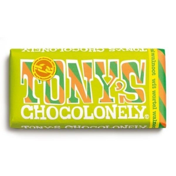 Tony's Chocolonely Wit-Wortel-Walnoot reep met logo